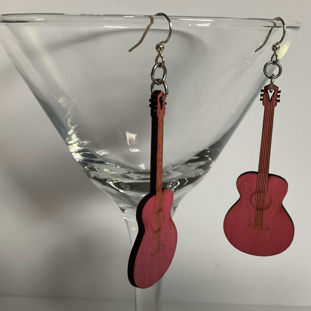 🧚 2/$15 Bohemian Carved Wood Guitar Dangle Drop Earrings Wooden Handmade Pink